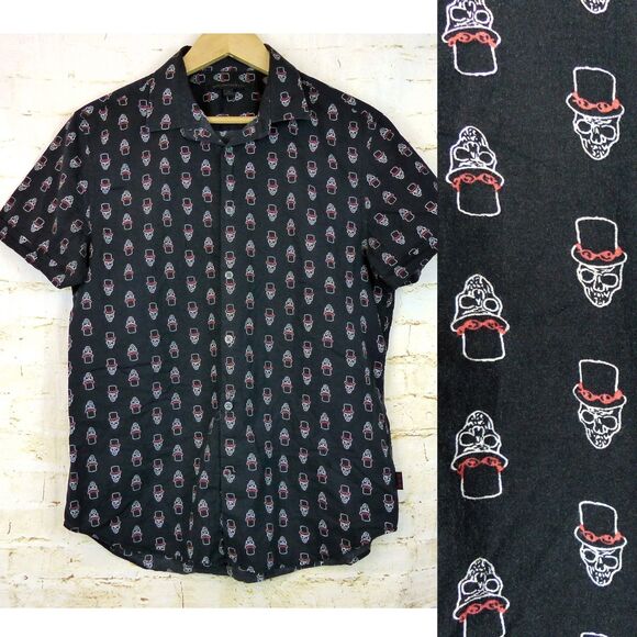 John Varvatos USA Shirt Mens M Black Skull Print Button Short Sleeve Cotton Rock - Picture 1 of 14